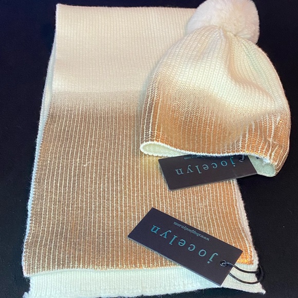 Jocelyn Ombré Metallic Rose Gold Hat w/Faux Fur Pom & Scarf Set - Picture 5 of 6